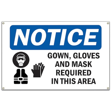 Signmission OSHA Notice Sign, NOTICE Gown Gloves And Mask Required In This Room, 60 in Banner, OS-NS-B-60-15746 OS-NS-B-60-15746